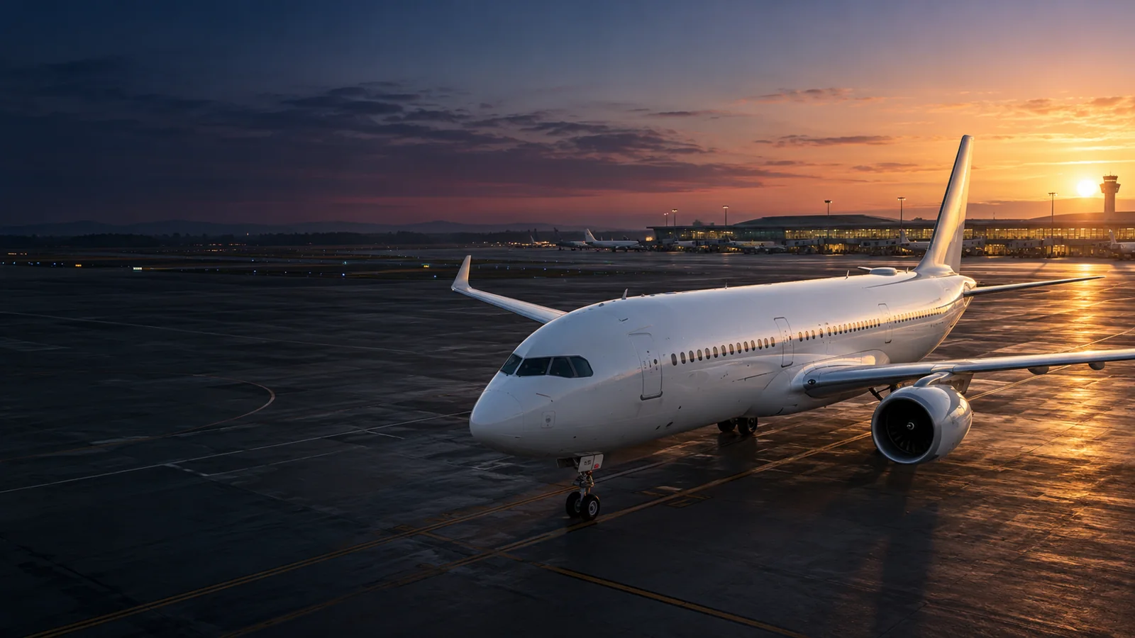 Avión comercial en un aeropuerto al amanecer