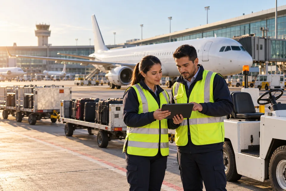 Profesionales de operación aérea utilizando una tableta
